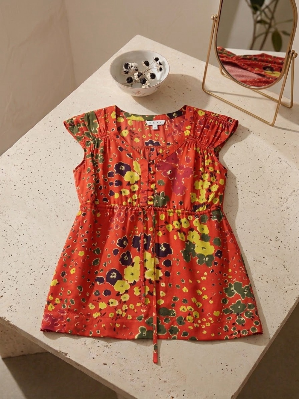 CAbi Orange Floral Tie-Waist women’s Top